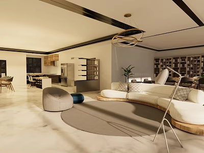 Modern Living And Dining Room Interior With Curved Sofa Round Rug And Bookshelves 3d model