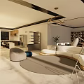 Modern Living And Dining Room Interior With Curved Sofa Round Rug And Bookshelves