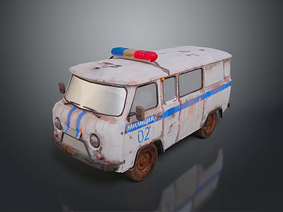 Vintage White Ambulance With Blue Stripes Red And Blue Lights Rusty Body And Number 02 3d model