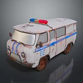Vintage White Ambulance With Blue Stripes Red And Blue Lights Rusty Body And Number 02