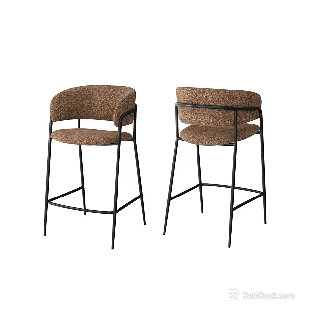 Two Modern Brown Fabric Bar Stools With Black Metal Frame Design 3d model 