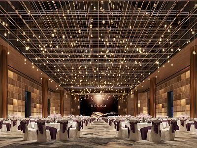 Elegant Banquet Hall Interior With Sparkling Grid Ceiling Lights Arranged Tables And Wooden Walls 3d model