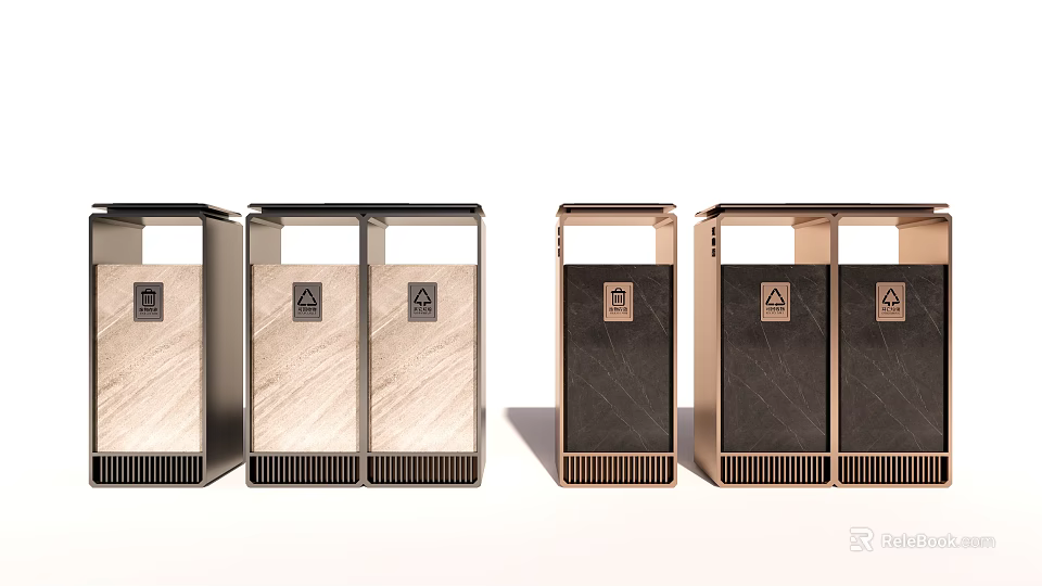 Public Waste Sorting Bins With Modern Metal Design And Multiple Compartments 3d model 