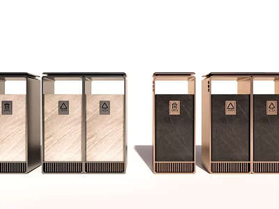 Public Waste Sorting Bins With Modern Metal Design And Multiple Compartments 3d model