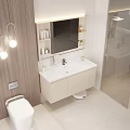 Modern Bathroom Interior With Wooden Walls Hanging Lights Vanity Beige Cabinets And Bathtub