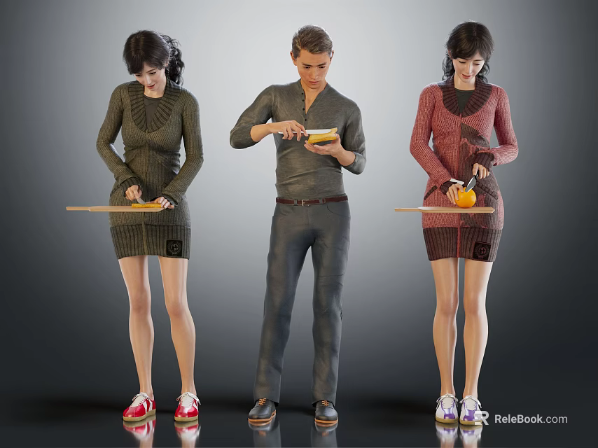 Three People Preparing Food Using Rolling Pins And Handling Fresh Ingredients 3d model 