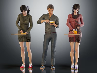 Three People Preparing Food Using Rolling Pins And Handling Fresh Ingredients 3d model