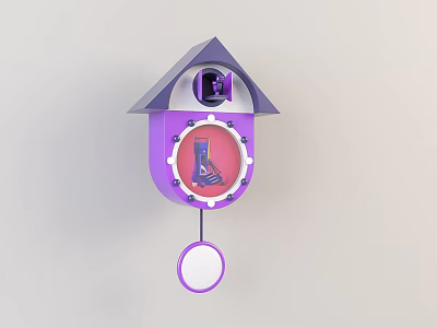 Purple Birdhouse Shaped Wall Clock With Round Dial And Decorative Pendulum Design 3d model