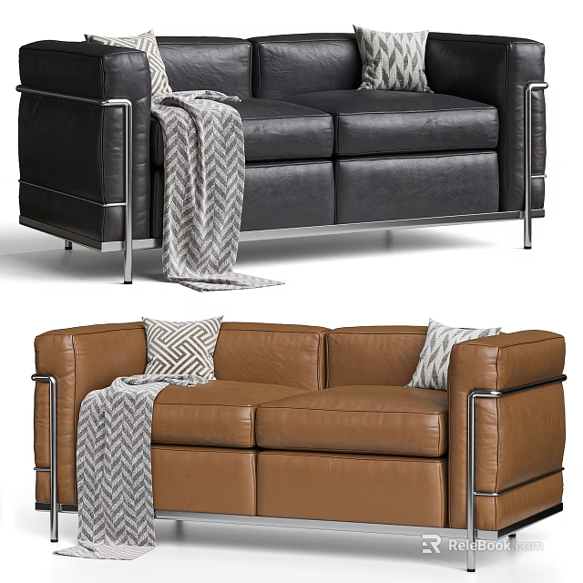 Black And Brown Leather Two Seater Sofa With Metal Frame Striped Blanket And Pillow 3d model 