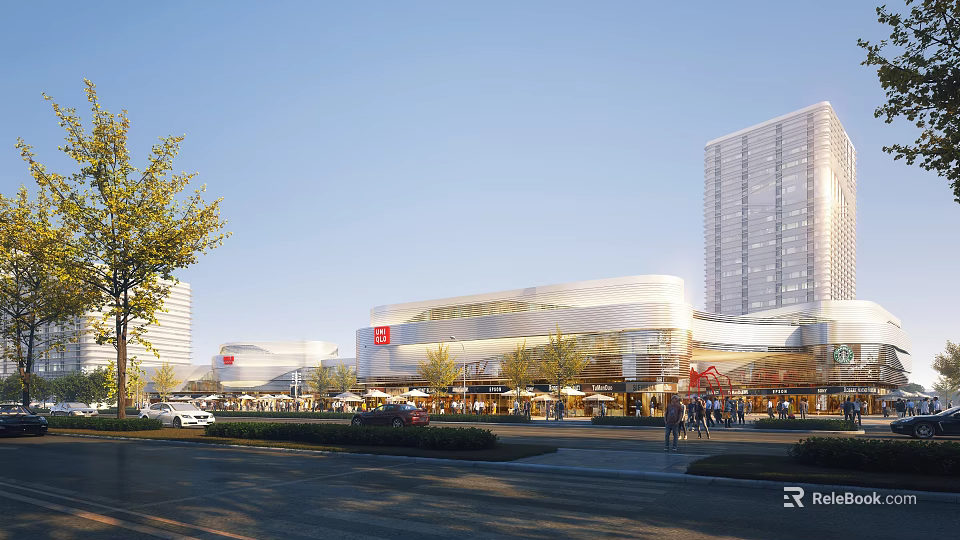 Modern Commercial Street With High Rise Buildings Shopping Mall Pedestrians Cars And Greenery 3d model 