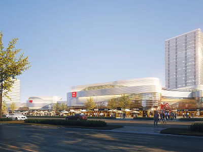 Modern Commercial Street With High Rise Buildings Shopping Mall Pedestrians Cars And Greenery 3d model