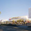 Modern Commercial Street With High Rise Buildings Shopping Mall Pedestrians Cars And Greenery