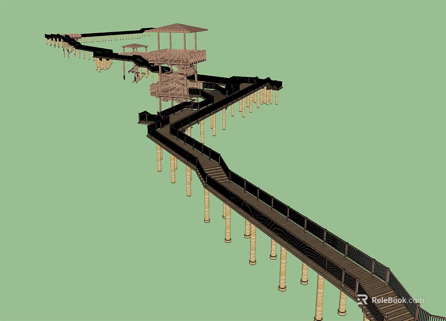 Road Infrastructure Design With Wooden Boardwalk Pavilion And Extended Pillar Supports 3d model 