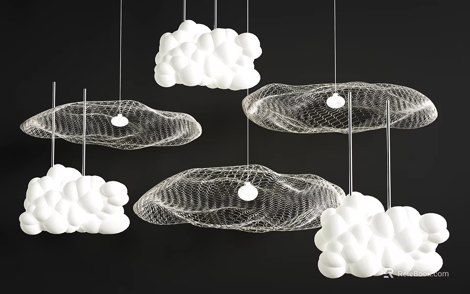 Cloud Shaped Chandeliers With White Cloud And Wire Mesh Designs And Light Bulbs 3d model 
