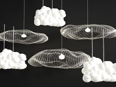 Cloud Shaped Chandeliers With White Cloud And Wire Mesh Designs And Light Bulbs 3d model