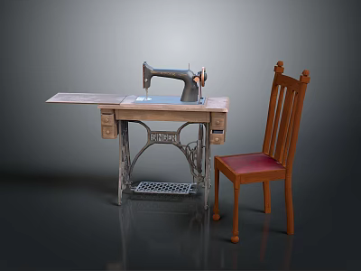 Vintage Sewing Machine On Wooden Worktable With Comfortable Wooden Chair 3d model