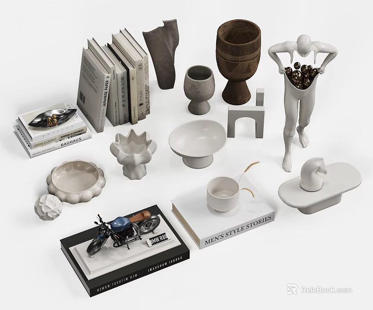 Modern Minimalist Decorative Ornaments Set with White Sculpture Ceramic Vessels Stacked Books and Motorcycle Model 3d model 