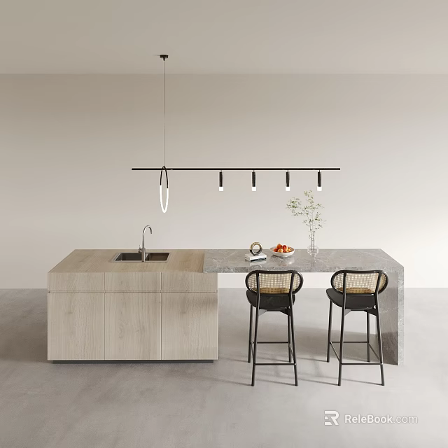 Modern Dining Table Set With Wooden Stone Countertop Kitchen Island Bar Stools And Pendant Light 3d model 