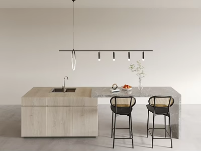 Modern Dining Table Set With Wooden Stone Countertop Kitchen Island Bar Stools And Pendant Light 3d model