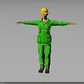 Human Worker In Green Reflective Uniform With Yellow Helmet Standing Arms Outstretched On Dark Background