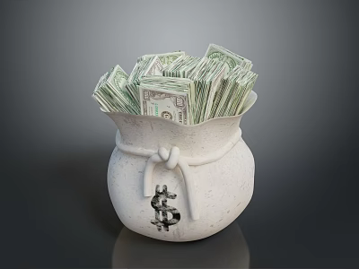 White Money Bag Featuring Dollar Sign Filled With Stacked US Dollar Bills 3d model