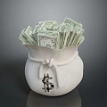 White Money Bag Featuring Dollar Sign Filled With Stacked US Dollar Bills