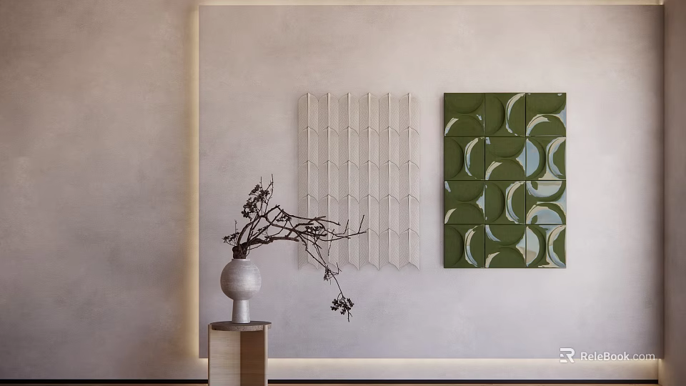 Abstract Painting With Green Geometric Pattern And White Vase With Branches On Light Wall 3d model 