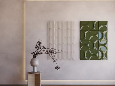 Abstract Painting With Green Geometric Pattern And White Vase With Branches On Light Wall 3d model