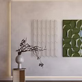 Abstract Painting With Green Geometric Pattern And White Vase With Branches On Light Wall