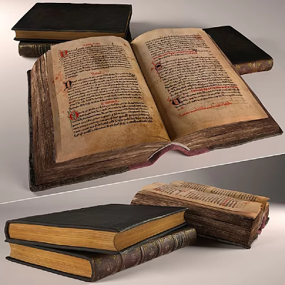 Open Ancient Book With Handwritten Text And Red Annotations Near Stacked Old Books 3d model