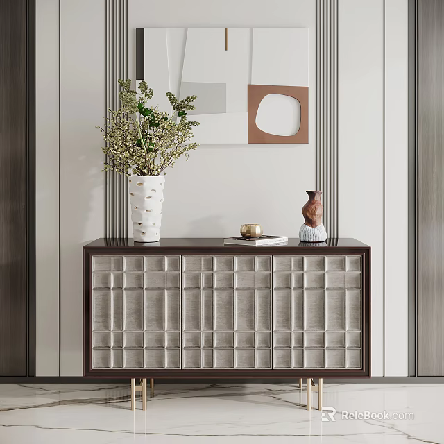 Modern Elegant Entryway Console Table with Gold Legs Grid Panel and Vase Plants Decor 3d model