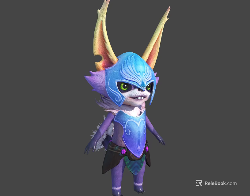 Animated Fantasy Creature Character With Blue Head Yellow Pink Ears And Purple Decorative Outfit 3d model 