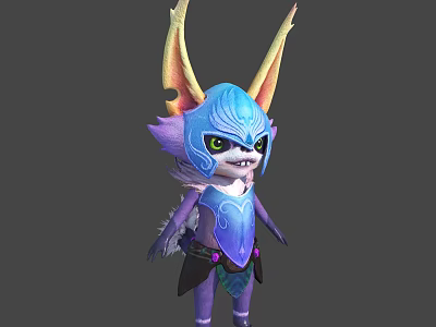 Animated Fantasy Creature Character With Blue Head Yellow Pink Ears And Purple Decorative Outfit 3d model