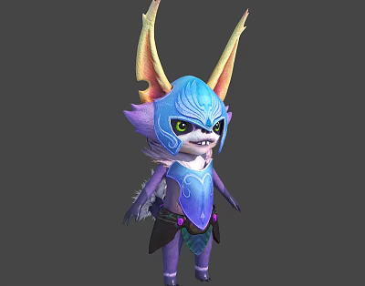 Animated Fantasy Creature Character With Blue Head Yellow Pink Ears And Purple Decorative Outfit 3d model