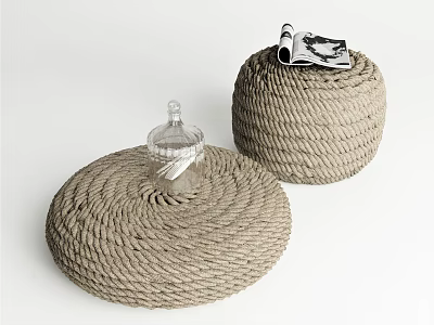 Round Woven Rope Stools in Gray with Small Glass Bottle and Rolled Magazine 3d model