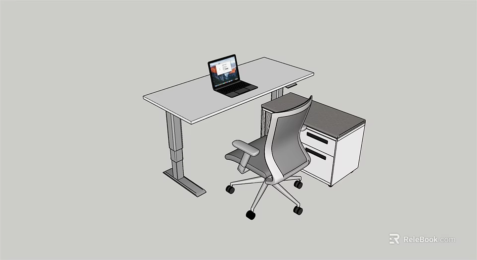 Modern Office Desk Workstation With Laptop Ergonomic Chair And Drawer Cabinet 3d model 