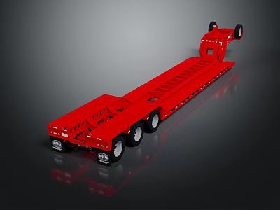 Red Lowboy Trailer With Long Body Multiple Wheels And Shiny Surface 3d model