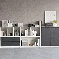 Modern White And Gray File Cabinet With Storage Shelves Drawers And Decorative Items