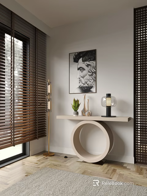 Entryway Console Table With Circular Base Portrait Painting Small Plant Lamp And Wooden Blinds 3d model 