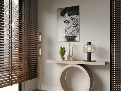 Entryway Console Table With Circular Base Portrait Painting Small Plant Lamp And Wooden Blinds 3d model