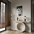 Entryway Console Table With Circular Base Portrait Painting Small Plant Lamp And Wooden Blinds