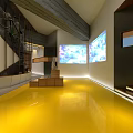 Modern Restaurant Interior With Yellow Flooring Projection Screens And Ambient Lighting