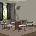 Round Wooden Dining Table With Beige Chairs Pendant Light And Green Plants Outside Window