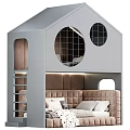 House Shaped White Bunk Bed With Round Windows Ladder And Upholstered Bed 3d model