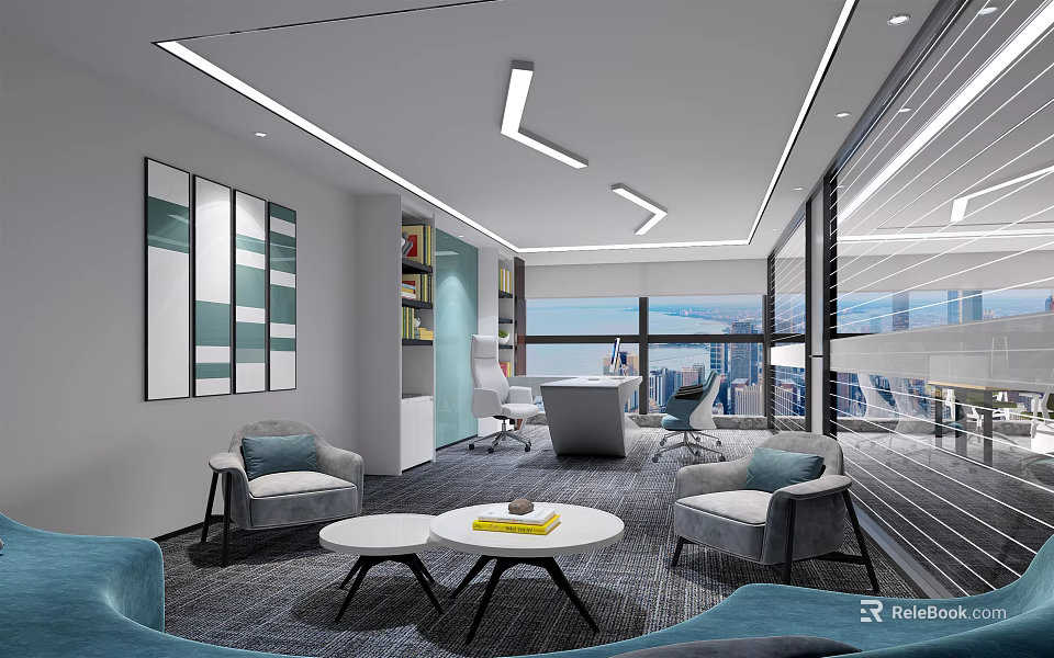 Modern Office Lounge Space With Sofa Coffee Table Decorative Paintings And Large Windows 3d model