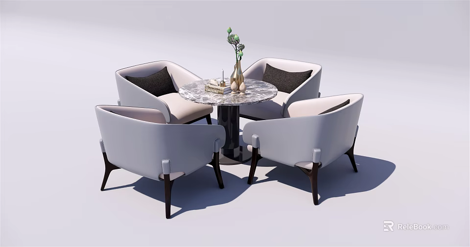 Modern Round Marble Table With Four White Upholstered Chairs And Decorative Vase With Green Plants 3d model 