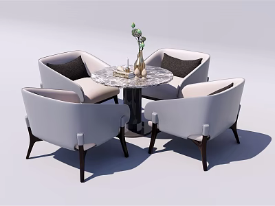 Modern Round Marble Table With Four White Upholstered Chairs And Decorative Vase With Green Plants 3d model