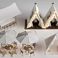 Outdoor Tepee Tents with Decorative String Lights Tables Chairs and Umbrellas