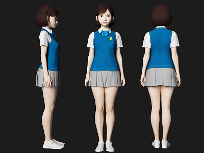 Woman In School Uniform Blue Vest Gray Pleated Skirt White Shoes Front Side Back Views 3d model