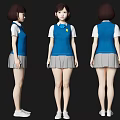 Woman In School Uniform Blue Vest Gray Pleated Skirt White Shoes Front Side Back Views